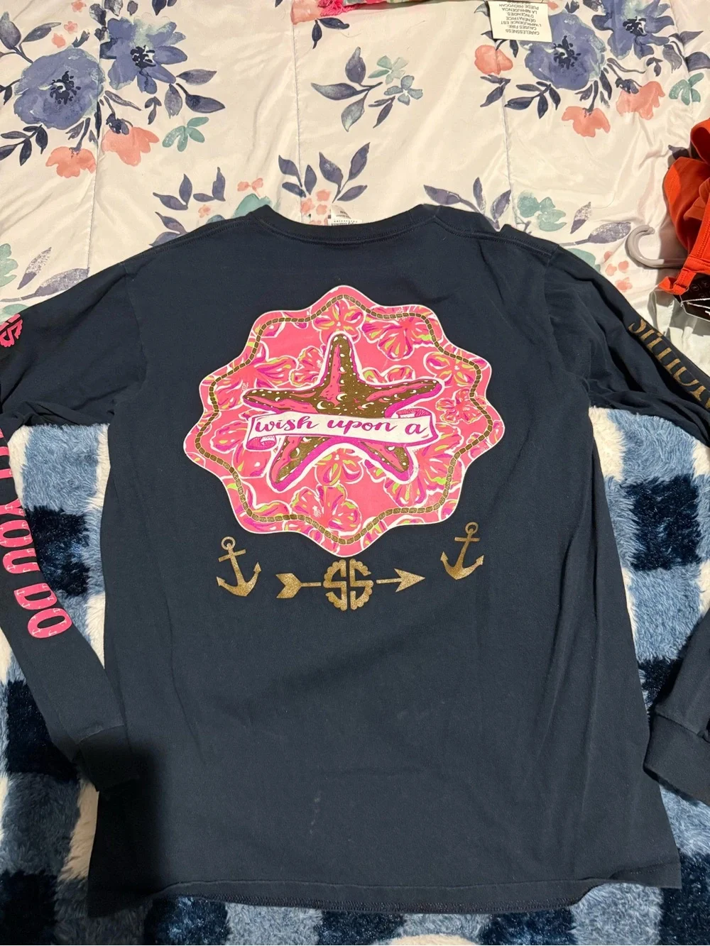 Simply Southern Navy Long-Sleeve Tee with Pink & Gold Sleeve Text Medium - Picture 4 of 5
